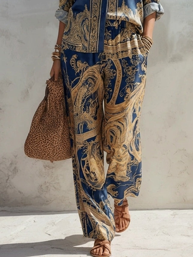 Conjunto Camisa Estampado Barroco Azul Marino y Pantalón Ancho
