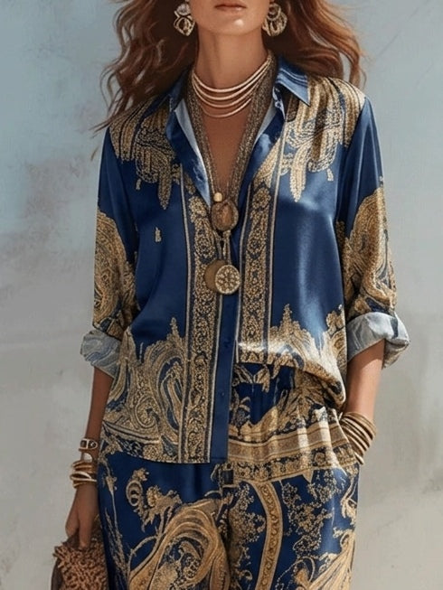 Conjunto Camisa Estampado Barroco Azul Marino y Pantalón Ancho