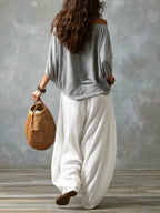 Hania · Conjunto Boho Blusa Off-Shoulder con Pantalón Ancho