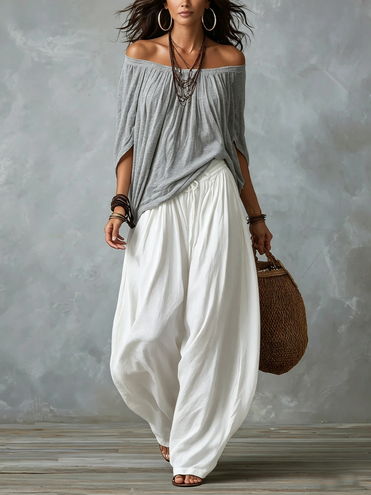 Hania · Conjunto Boho Blusa Off-Shoulder con Pantalón Ancho