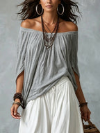 Hania · Conjunto Boho Blusa Off-Shoulder con Pantalón Ancho