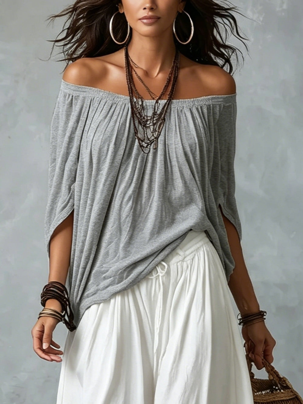 Hania · Conjunto Boho Blusa Off-Shoulder con Pantalón Ancho