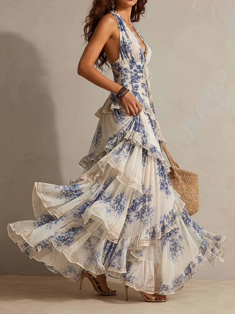 Vestido Maxi Halter con Volantes, Estampado Floral Azul y Blanco