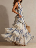 Vestido Maxi Halter con Volantes, Estampado Floral Azul y Blanco