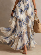 Vestido Maxi Halter con Volantes, Estampado Floral Azul y Blanco