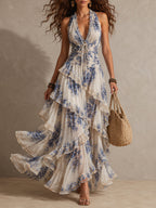 Vestido Maxi Halter con Volantes, Estampado Floral Azul y Blanco