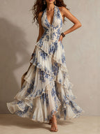 Vestido Maxi Halter con Volantes, Estampado Floral Azul y Blanco