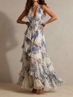 Vestido Maxi Halter con Volantes, Estampado Floral Azul y Blanco