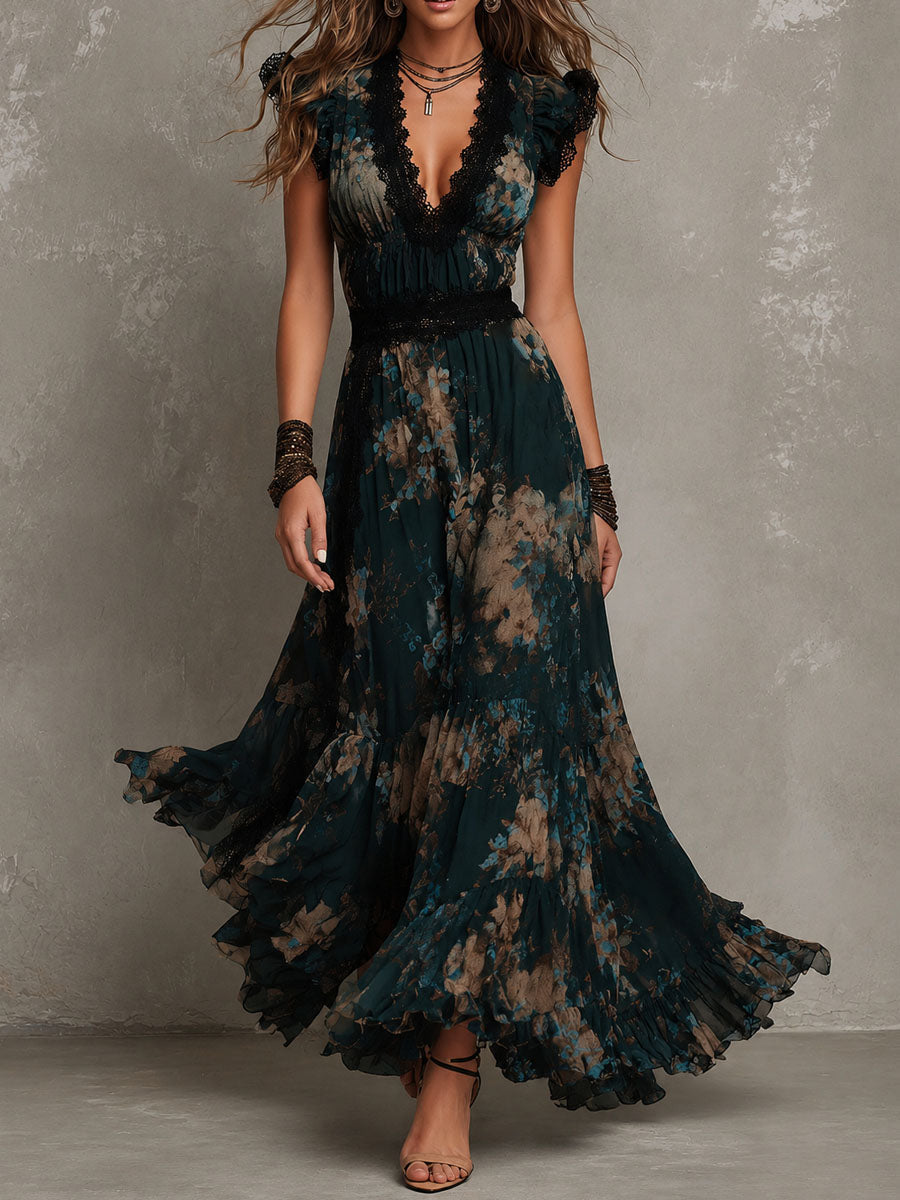 Gala · Vestido Maxi Floral con Volantes y Encaje