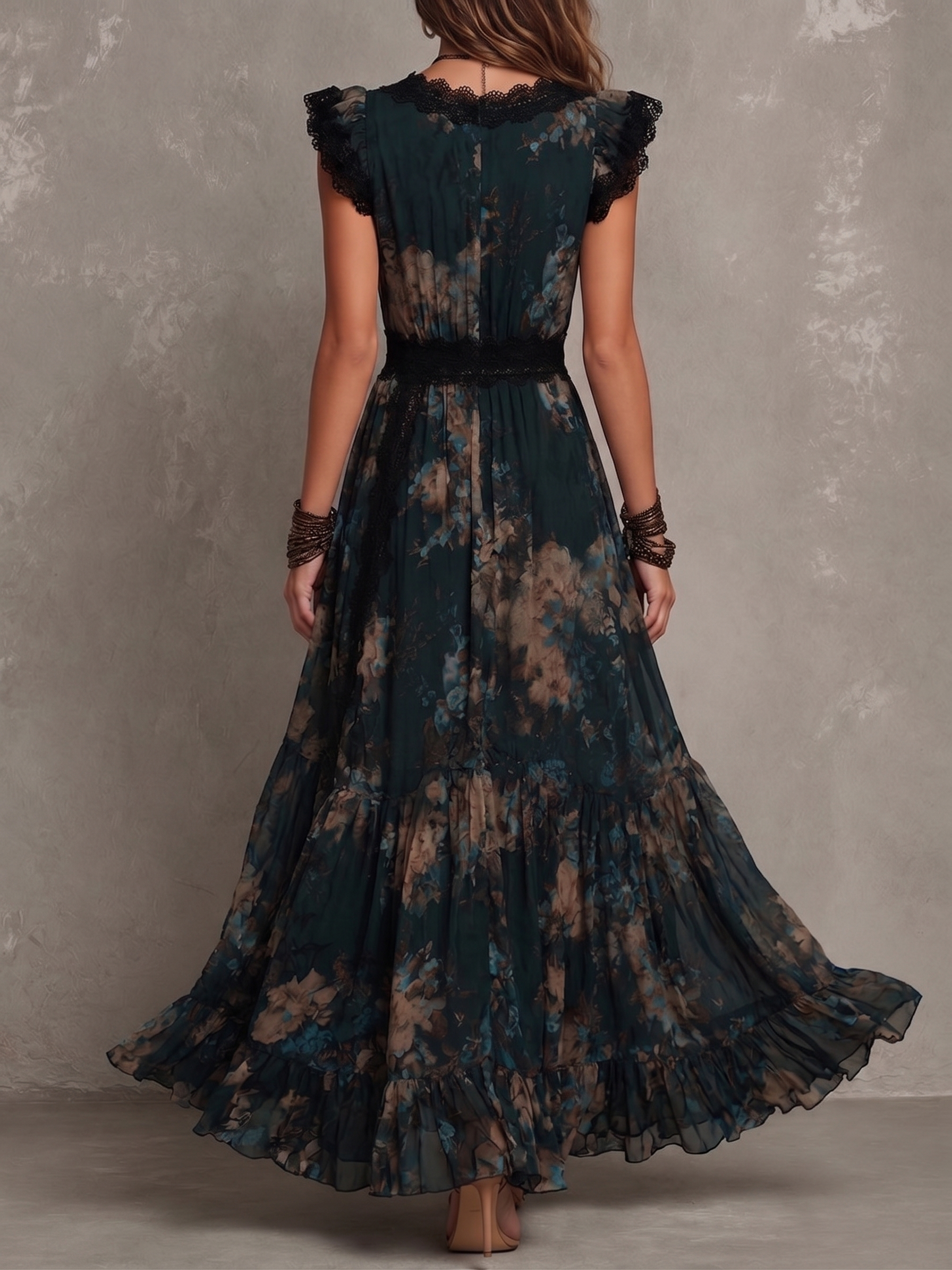 Gala · Vestido Maxi Floral con Volantes y Encaje