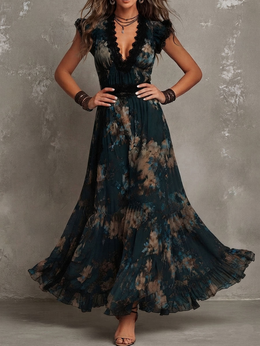 Gala · Vestido Maxi Floral con Volantes y Encaje