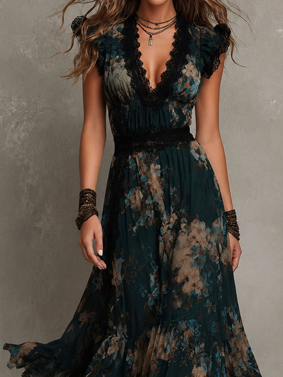 Gala · Vestido Maxi Floral con Volantes y Encaje