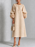 Beige Midi Dress with Flower Buttons and Extravagant Flower Sleeves