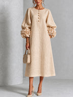 Beige Midi Dress with Flower Buttons and Extravagant Flower Sleeves