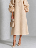Beige Midi Dress with Flower Buttons and Extravagant Flower Sleeves