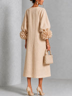 Beige Midi Dress with Flower Buttons and Extravagant Flower Sleeves