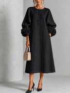 Black Floral Midi Dress with Buttons and Extravagant Floral Sleeves