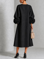 Black Floral Midi Dress with Buttons and Extravagant Floral Sleeves