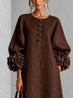 Brown Midi Dress with Flower Buttons and Extravagant Flower Sleeves
