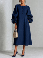 Navy Blue Midi Dress with Floral Buttons and Extravagant Floral Sleeves