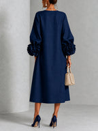 Navy Blue Midi Dress with Floral Buttons and Extravagant Floral Sleeves