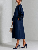 Navy Blue Midi Dress with Floral Buttons and Extravagant Floral Sleeves