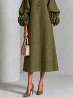 Olive Midi Dress with Flower Buttons and Extravagant Flower Sleeves