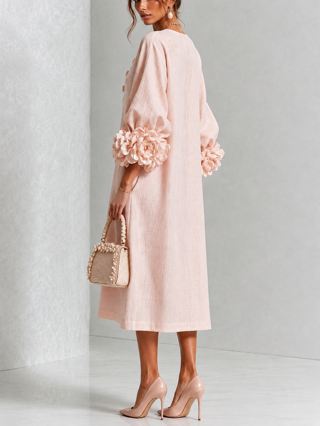 Rosaura vestido midi rosa - detalle botones florales