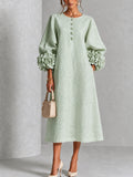 Mystic Sage Midi Dress with Flower Buttons and Extravagant Flower Sleeves