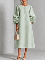 Mystic Sage Midi Dress with Flower Buttons and Extravagant Flower Sleeves