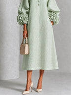 Mystic Sage Midi Dress with Flower Buttons and Extravagant Flower Sleeves