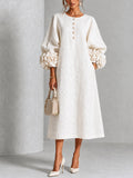 White Midi Dress with Flower Buttons and Decorated Sleeves