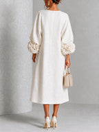 White Midi Dress with Flower Buttons and Decorated Sleeves