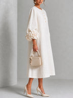 White Midi Dress with Flower Buttons and Decorated Sleeves