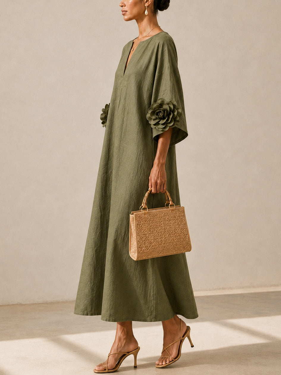Gloria · Vestido Maxi Fluido con Puños Bordados