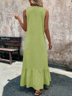 A-Line Loose Pleated Ruffle Trim Solid Color V-Neck Maxi Dresses