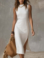 Blanca · Vestido Midi Lino Cuello Mao con Abertura