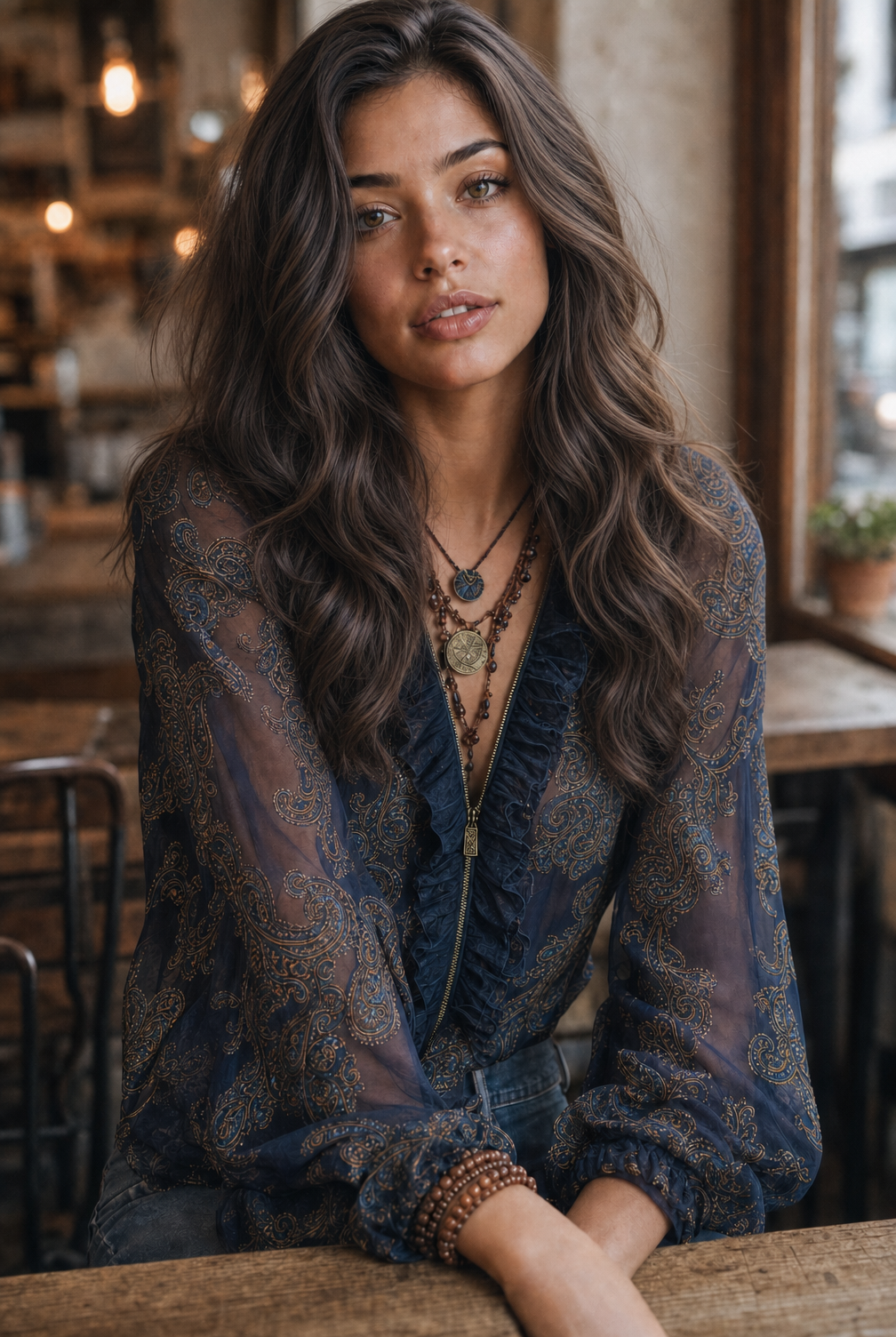 Adriana · Blusa de Chifón Azul Marino con Estampado Barroco