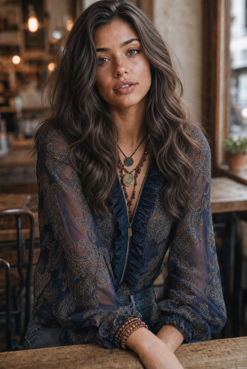 Adriana · Blusa de Chifón Azul Marino con Estampado Barroco