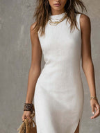 Blanca · Vestido Midi Lino Cuello Mao con Abertura