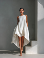 Blanca · Vestido Midi de Lino con Bajo Asimétrico
