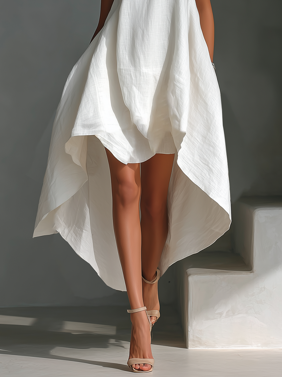 Blanca · Vestido Midi de Lino con Bajo Asimétrico