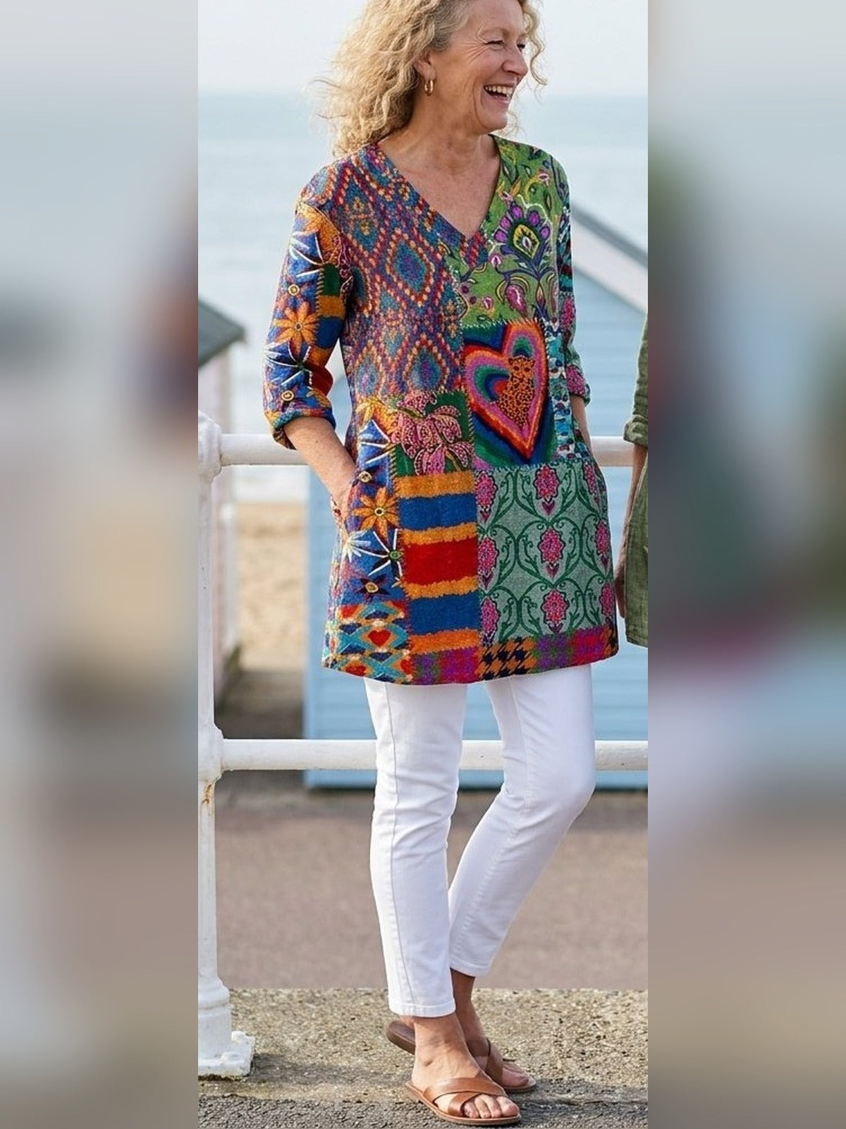 Milagros blusa larga boho multicolor con bolsillos