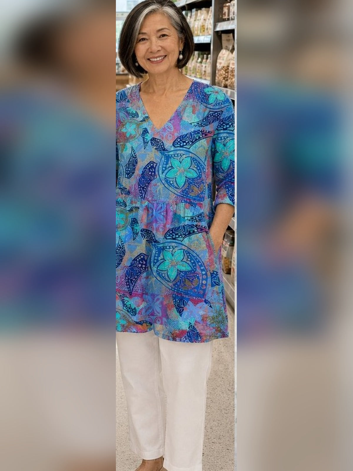Azucena blusa larga azul batik con bolsillos