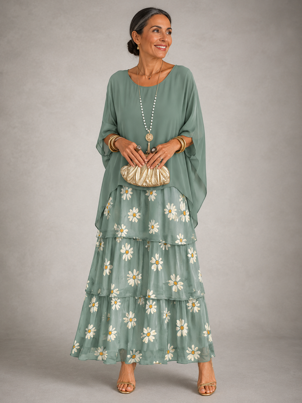Lara · Vestido Maxi de Gasa con Manga Capa