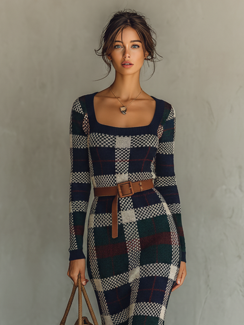 Elena · Vestido Maxi Punto Cuadros con Cinturón