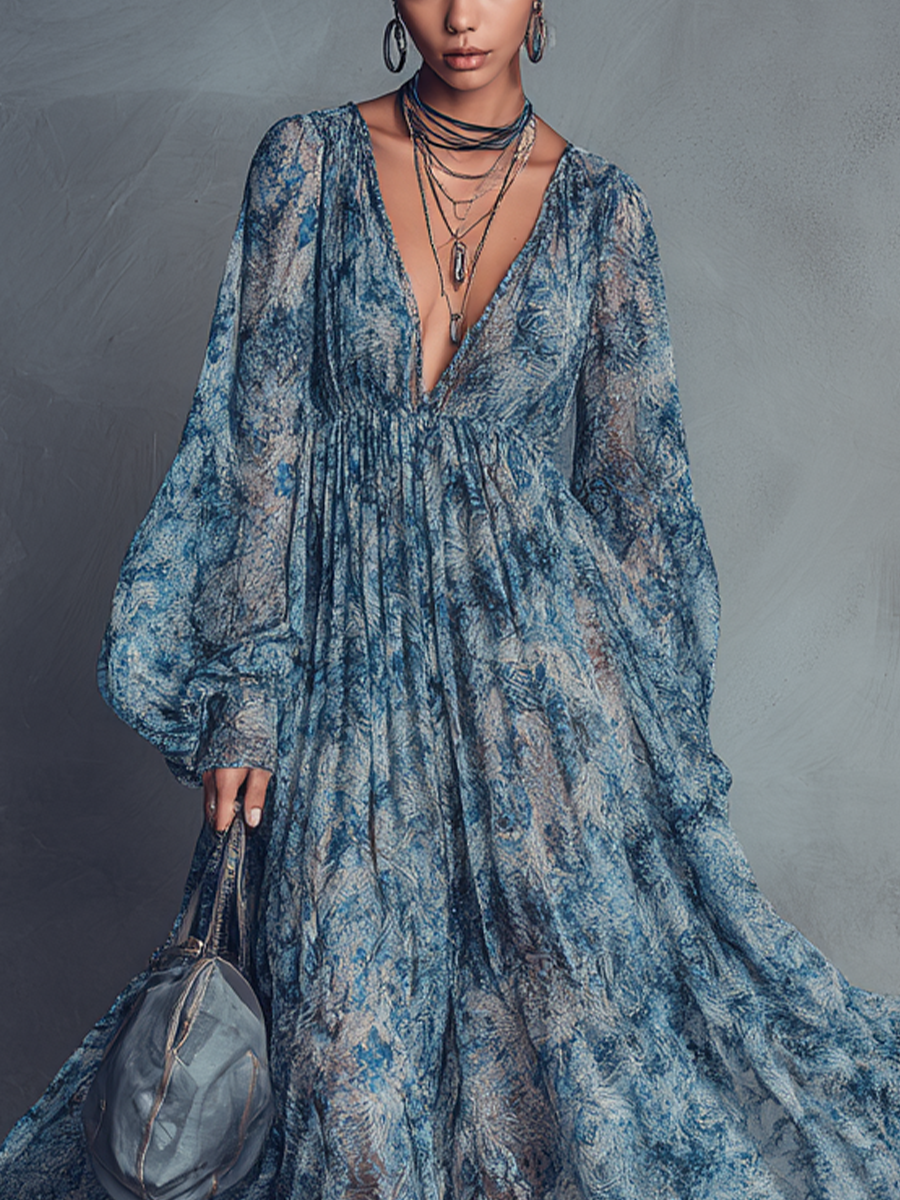 Marisol · Vestido Maxi Boho Floral Azul