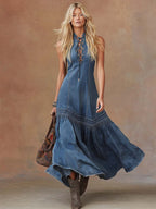 Vestido Maxi Denim Azul con Cuello Anudado y Bajo Globo