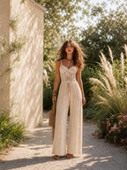 Mono Bohemio de Encaje Crema con Corsé y Pierna Ancha Plisada
