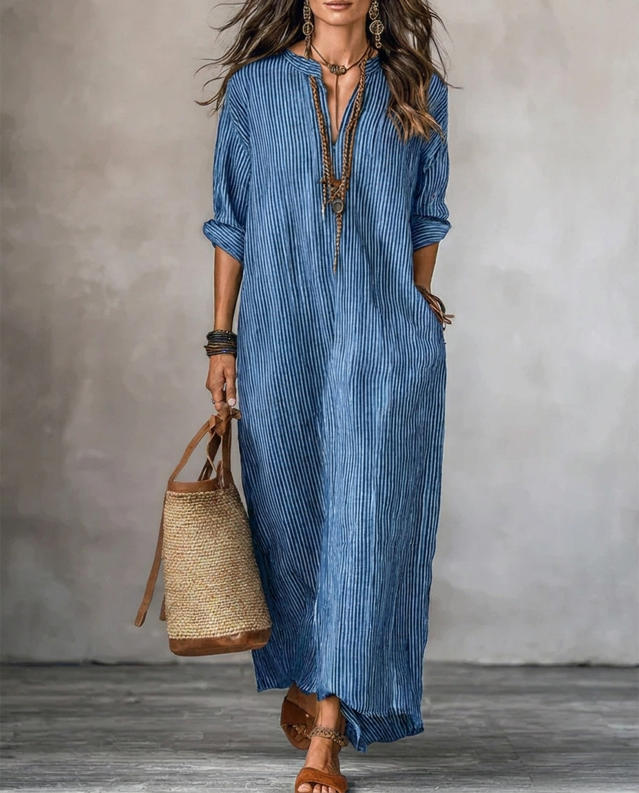 Petronila · Vestido Maxi de Rayas Manga Larga con Bolsillos